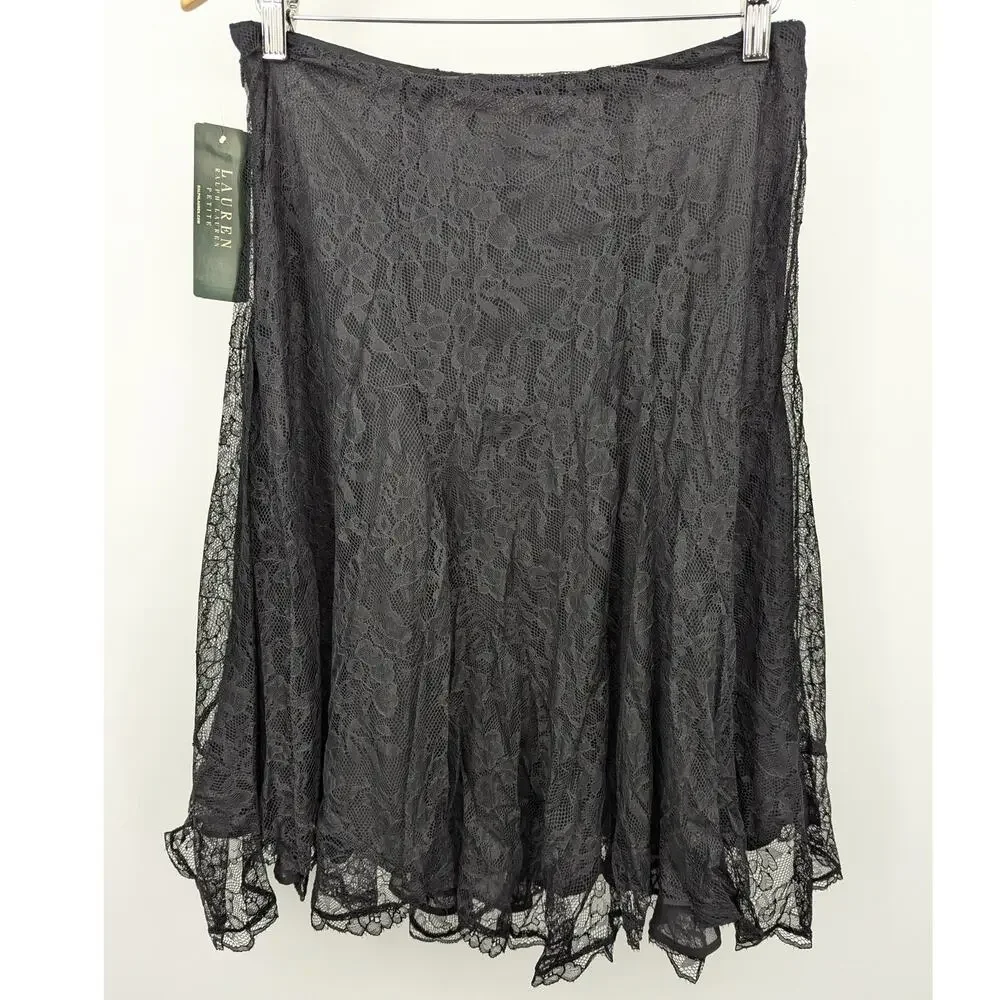 Lauren Ralph Lauren Black Lace Skirt Womens 6P Petite NWT Elegant Floral Midi